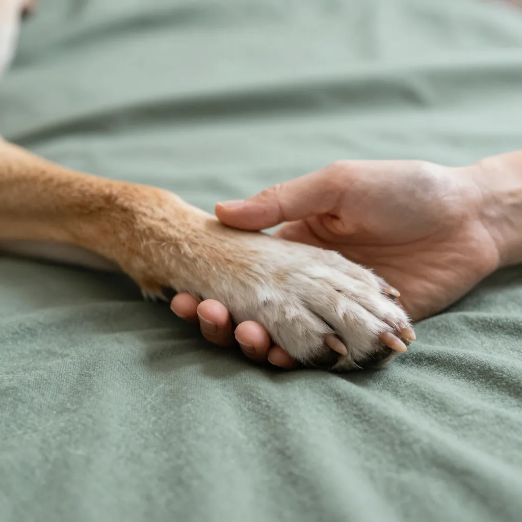 Une main posée sur la patte d'un chien allongé